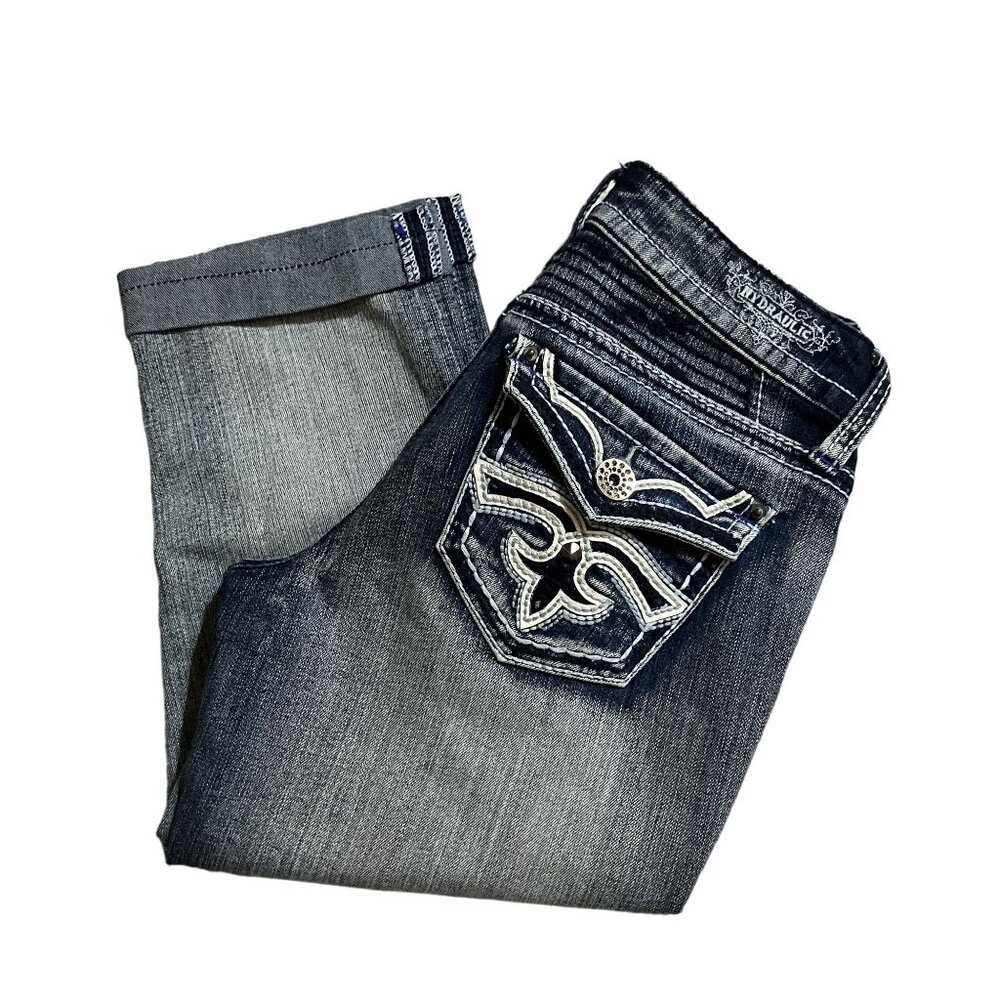 Hydraulic Bailey Women's Capri Jeans Size 3/4 Distressed Denim with Embroidered